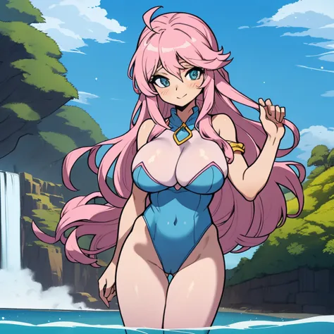 (masterpiece, best quality:1.2), cowboy shot, (solo), (1girl):1.5, glasses, long fluffy pink hair, hair blowing, gorgeous body, wide hips, slight smile, ((very sexy and transparent (blue leotard)) with exposed navel), musculous belly, gorgeous huge breasts...