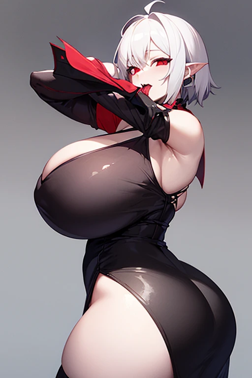  Female, vampire, black dress,sexy body, huge breasts and huge ass, thicc thighs, short white hair with red dye on the tips of my hair, red eyes,has a forked tounge, net leggings,pale skin, Gothicc sucking a eggplant 
