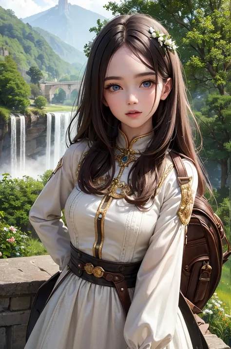 (superior quality) Young woman, beautiful face, brown hair, fair skin, blue eyes, long tousled hair, worn medieval garment, white dress, ruin, destroyed building, nature reclaiming its rights, greenery, foliage, waterfall, day, sun, ultra-detailed landscap...