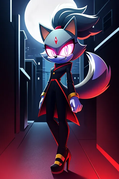 (((masterpiece))), High quality, studio quality, digital art, solo character, mobian, in the style of Sonic the Hedgehog, fluffy and wispy grey fur, female cat demon, intimidating height, very skinny legs, skinny body, ponytail that sticks straight up, wea...