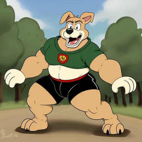 Hunter from Road Rovers, 1boy, male focus, furry, wearing black shorts, thick thighs, hind legs, messed up eyes, acting stupid, 