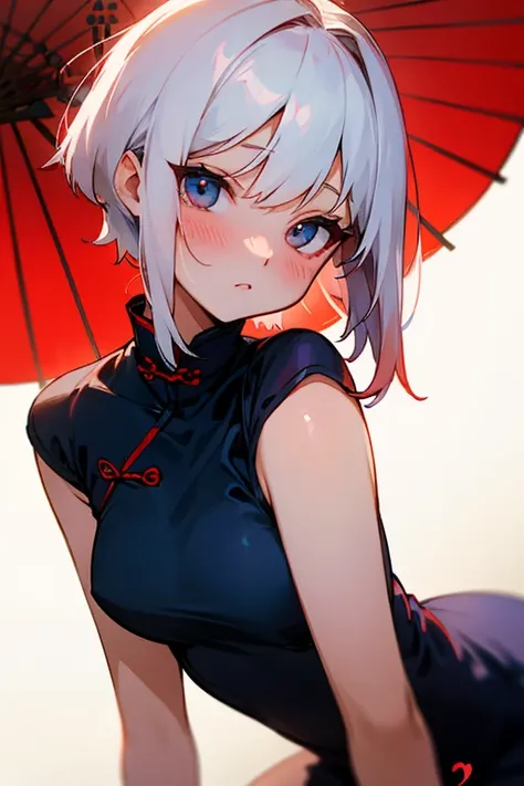 Short white hair, blush, Red and navy blue、China dress、sexy、