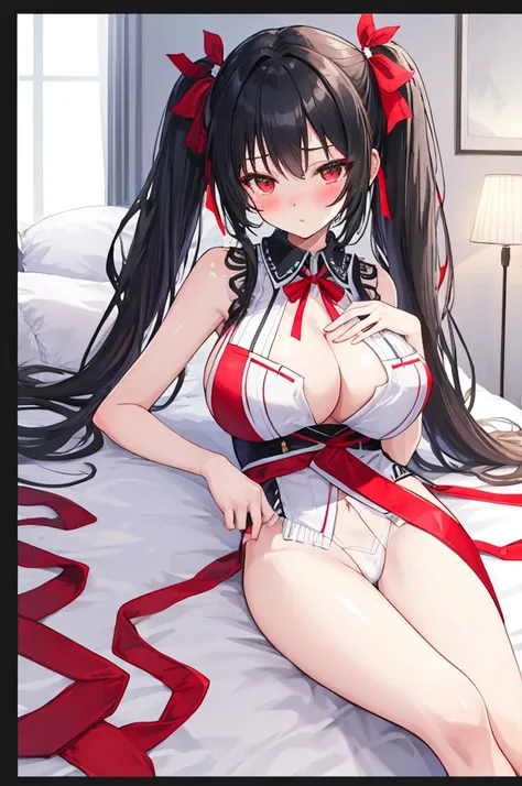 A woman with big ，Black long hair，twintails，Exquisite，(((transparent)))，Red ribbon，sleeveless，Loose collar，Protruding lower chest，Slim waist，pubic，blush，bedroom，Lying down，