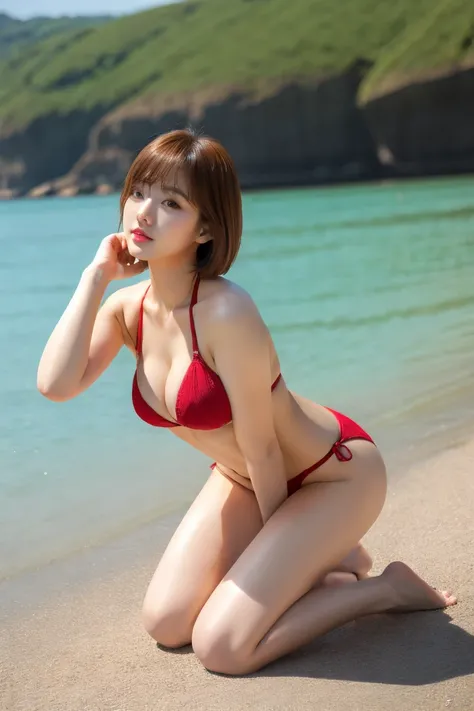 1girl, full body, bent over, short hair, brown hair, Korean idol, bikini, thong, large breasts, navel, large thighs, wide ass, pose, outdoors, sea, barefoot,