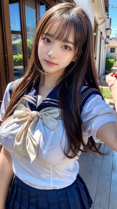 ((top-quality、8K、​masterpiece:1.3))、1girl in、Beautiful woman Standing in the house:1.3、(long-haired、Colossal tits:1.4)、(sailor collared school uniform:1.5)、Super delicate face、Delicat eyes、double eyelid、Close-up of upper body from below, bloom, natural lig...