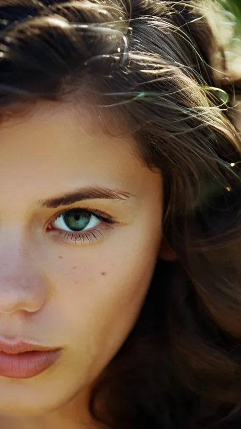 cinematic film still  ohwx woman in a focus stacking portrait, bathed in a single shade of rich emerald green, highlighting the ...