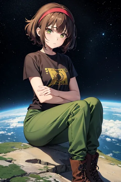 Anime drawings,Full body portrait、Space SF slaves、A woman around 15 years old, about 150cm tall, wearing a dark green T-shirt and long pants, sitting with her knees hugged to her chest、Crying face、Curly short brown hair、Wearing a bandana on his head、gloves...