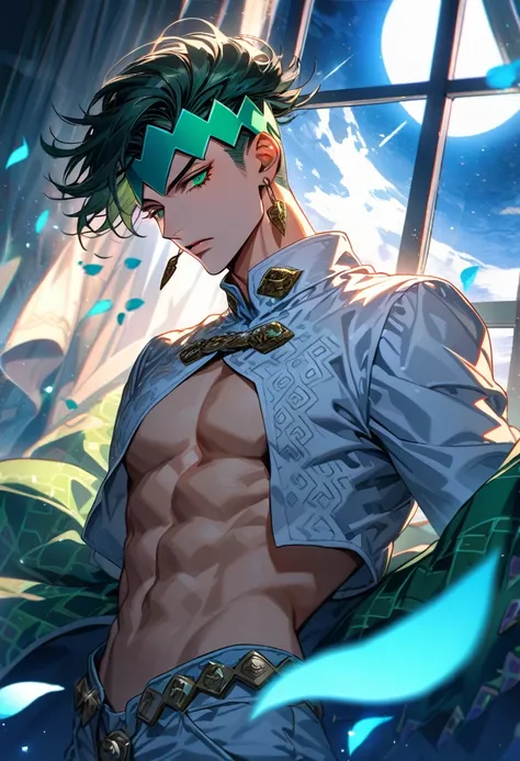 Ultra detailed, HDR, Highres, absurdres, master piece, Kishibe Rohan, dark green hair, expressive green eyes, white clothes with patterns, Jojo Bizarre Adventure, window, shining lights, blue moon, petals, blue curtains, sexy man, solo, extremely detailed ...