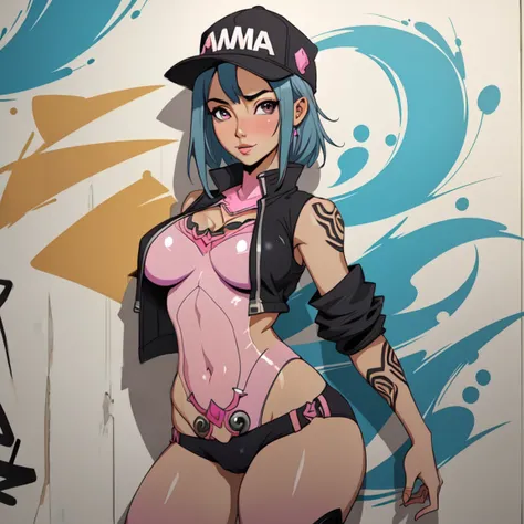 estilo anime, mujer grafitera, grafiti en la pared, desnuda contra la pared, gorra de lado, colores vivos, buena figura, buenas curvas, tatuajes maxima calidad, ultra detallado, 8K, cuerpo entero