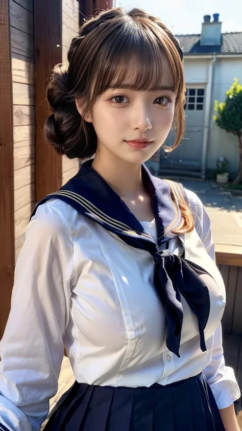 ((top-quality、8K、​masterpiece:1.3))、1girl in、Beautiful woman Standing in the house:1.3、(updo、Colossal tits:1.4)、(sailor collared school uniform:1.5)、Super delicate face、Delicat eyes、double eyelid、Close-up of upper body from below, bloom, natural light