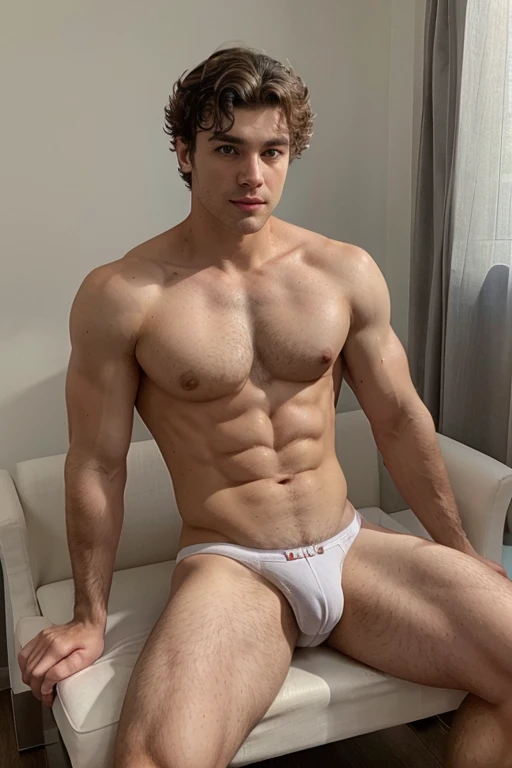 A handsome hot gay man without shirt and wearing underwear with gray eyes, curly hairs, White colour skin, clean shave and sitting on the banch with hairy chest 