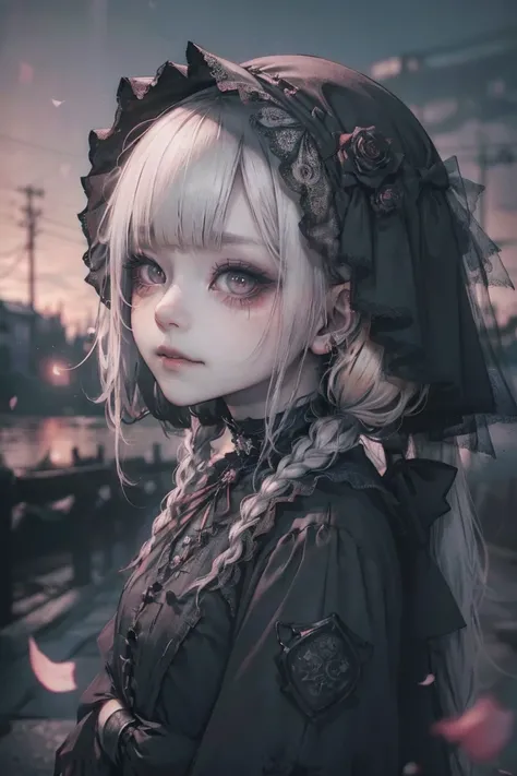 (smile:1.４）,(looking at the viewer:1.4)、Red Gothic Lolita、bonnet、,(face focus),break,、beautiful woman、miserable、fine eyes、black eye、Industrial Landscape、blonde、twin tail hair、black dark eyeshadow、Good skin gloss、particle、rose petals、