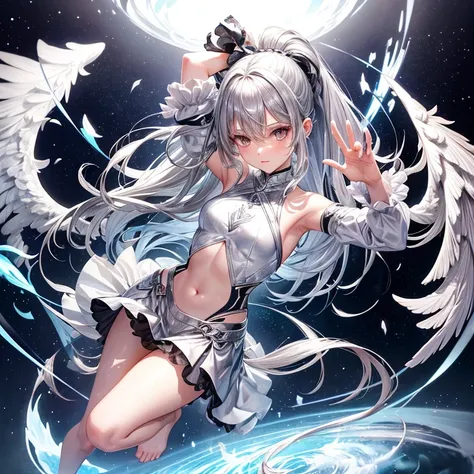 Silver long pony tail girl silver eyes have 2 silver wings wearing silver crop top and silver skirt 2 silver socks no shoes and have mini silver crystals aura floating around