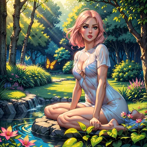 (best quality,realistic,1girl),40 years old,very detailed blue eyes,very detailed pink lips,gold hair,short,t-shirt,cozy ambience,soft lighting,tranquil ambiance,full body,pleasant garden,butterflies,floating flowers,peaceful atmosphere,lush greenery,seren...