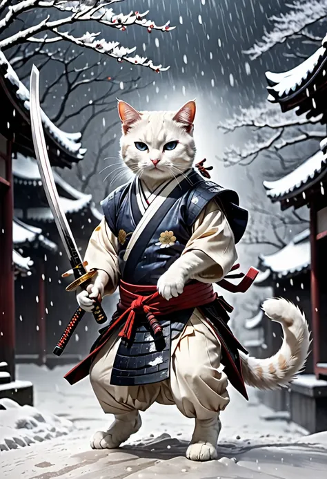 A samurai-style cat carrying a Japanese sword on his hip、2D、Dark atmosphere、Edo period style background、Snow is falling、The sword is put back into its sheath.、White cat