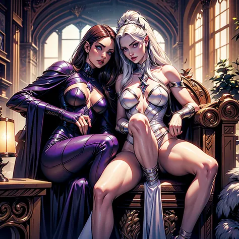 Emma Frost, the White Queen of Marvel, is together with Madelyne Pryor, the Goblin Queen, Psylocke of Marvel is with them, they are sexy and seductive, looking lascivious and provocative, Goblin Queen of the X-Men is sitting in an armchair, Psylocke is nak...