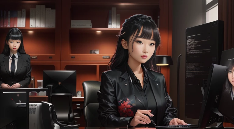 A woman in a black jacket is sitting at a desk with a computer and a monitor, deayami kojima, Woman in a business suit, Lee Ji-eun, Lee Ji-eun, Shin Min-jung, Kim Hyun-joo, Ayamin to whom, Yoshitomo Nara, from me, Medium portrait, Professional image, In fr...