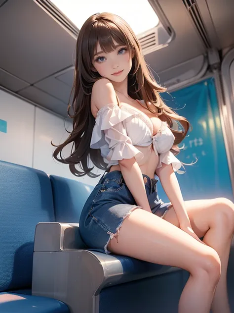 ((Extreme exposure))(High-definition image quality)極Realistic skin texture、High definition face(brown、Very long straight hair、Hair behind the ear、Beautiful moist brown hair、Smooth Hair)((Bright smile、Embarrassed expression))、Gaze(sexyな25歳の女の子、Idol Makeup、E...