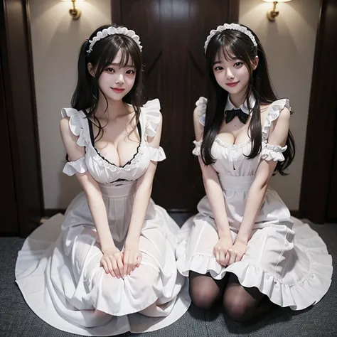 VIP room，Maid kneels down，The two girls smiled happily, Less clothes，Expose maid attire，Head in hands，Fear，Loafers，Lots of maids，Delicate face，Delicate face，Huge breasts，Thin waist，loyal maid，Obey everything,Very obedient，付出型性格和Likeable的个性，Obedient persona...