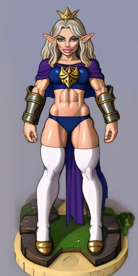 ((masterpiece, white background:1.2)) full body of a woman, standing feet together, extremely long hair, ponytail, perfect anatomy 1sologirl, tall slim thick ((muscular)) high elf toned body, silver breast plate, blue cape, slender abs, hourglass waist, de...