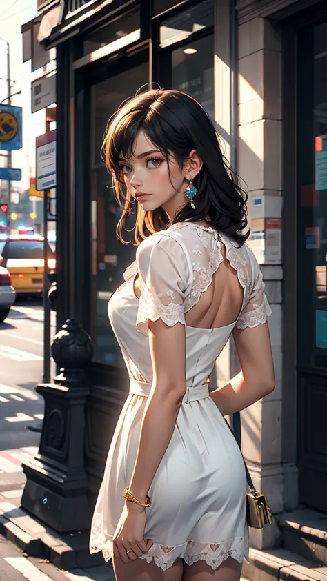 1 female, black hair, blue eyes, delicate face, cute, love earrings, white dress, standing in front of the police station, surre...