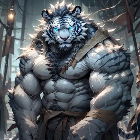 sweaty muscular topless rainy village hairy anthropomorphic chest hair serious face（Scar on face） Mature （Blue eyes）Huge muscular ripped abs wild，White Tiger of Tribal Ambition