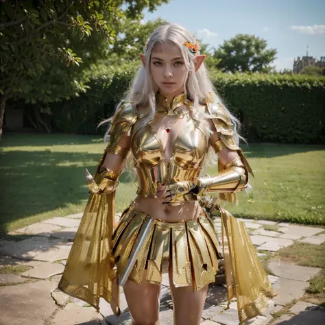 Ultra high saturation（masterpiece）（Best quality），  Wearing a shining golden armor dress，Wearing a shiny golden armor and crown，Holding a golden sword in both hands，Gorgeous and detailed sword， saint seiya armor style ,High Detail, movie lighting, spark, Di...