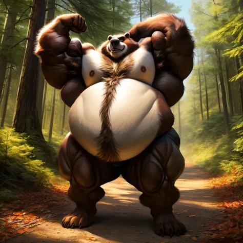 ((Masterpiece)),((Hight quality)),((Hught Detailed)),((Realistic,)) Anime Artistic masterpiece art, Anime, Feral Zootopia, Obese muscle bear (massive obese, strong legs and arms, hairy, incredibly big looking) Long shot photo, Real life, Obese muscle bear ...