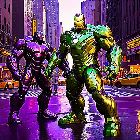 impressionist painting, Iron Man, The Incredible Hulk, battling, purple robo aliens, New York City, Claude Monet style, detailed, vibrant colors, cityscape, sunset, towering buildings, golden glow, sleek, red and gold suit, mechanical details, arc reactor,...