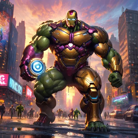 impressionist painting, Iron Man, The Incredible Hulk, battling, purple robo aliens, New York City, Claude Monet style, detailed, vibrant colors, cityscape, sunset, towering buildings, golden glow, sleek, red and gold suit, mechanical details, arc reactor,...