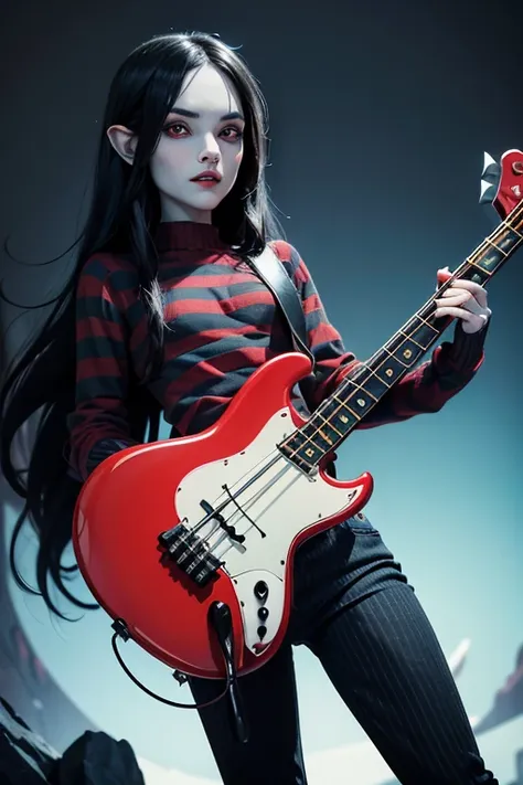 (masterpiece, ultra detailed) ((marceline)), (adventure time character), ((black eyes)), (playing an axe bass), ((blue skin)), (...