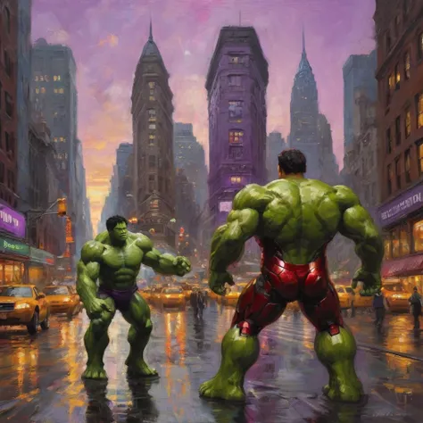 impressionist painting, Iron Man, The Incredible Hulk, battling, purple robo aliens, New York City, Claude Monet style, detailed, vibrant colors, cityscape, sunset, towering buildings, golden glow, sleek, red and gold suit, mechanical details, arc reactor,...