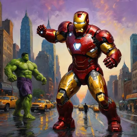 impressionist painting, Iron Man, The Incredible Hulk, battling, purple robo aliens, New York City, Claude Monet style, detailed, vibrant colors, cityscape, sunset, towering buildings, golden glow, sleek, red and gold suit, mechanical details, arc reactor,...