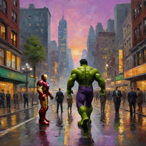 impressionist painting, iron man, the incredible hulk, battling, purple robo aliens, new york city, claude monet style, detailed...