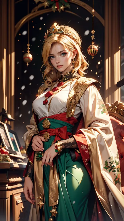 Portrait of a beautiful empress, Blonde Hair, Perfect Blue Eyes, wonderful, An incredibly impressive large Christmas headpiece, Clothing Santa Robe, All about Christmas, snow, Symmetric, Dramatic studio lighting, Rococo, Baroque, green, Asian, Hyperrealism...