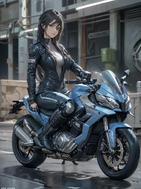 masterpiece、highest quality、Detailed Description、cyber punk、The near-future world、A Broken World、bigmotorbicycleに乗る女性（rider、Gold and black two-tone hairstyle、Gauntlet、suit、boots、Detailed Description、Perfect Face、Armament、）、black motorbicycle（black、bicycle、...