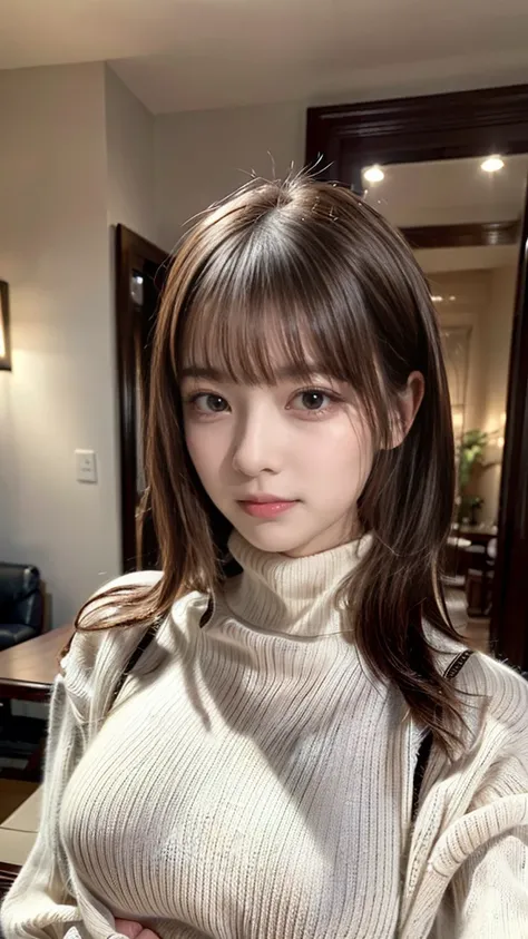 ((top-quality、8K、​masterpiece:1.3))、1girl in、Beautiful woman Standing in the house:1.3、(brown long-haired、Colossal tits:1.4)、(white turtleneck sweater:1.5)、Super delicate face、Delicat eyes、double eyelid、Close-up of upper body from below