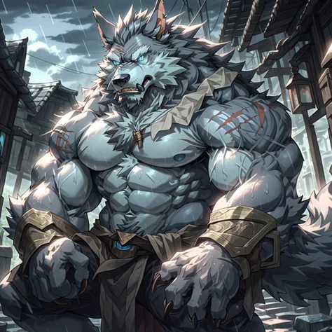 sweaty muscular topless rainy village hairy anthropomorphic chest hair serious face（Scar on face） Mature （Blue eyes）Huge muscular ripped abs wild，Gray fur werewolf of tribal ambition