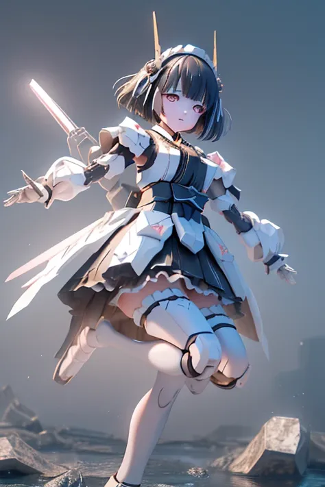 (highest quality)), ((masterpiece)), (Very detailed: 1.3), 3D, {(Young girl)}, Wearing a white frilly Gothic Lolita outfit, (She is fused with a Gundam mecha from the future.....), With headgear, With V-fin , Armored Shoulders,Armament, Armor at the feet, ...