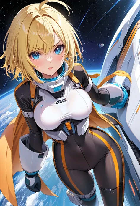 woman ,golden white hair,blue eyes,,,black space suit