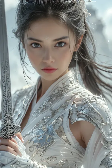 (masterpiece, raw, 32k, uhd, hyper realistic, best quality), swordswoman,1girl (beautiful face, supermodel) ,seductive smile, bl...