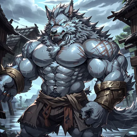 sweaty muscular topless rainy village hairy anthropomorphic chest hair serious face（Scar on face） Mature （Blue eyes）Huge muscular ripped abs wild，Gray fur werewolf of tribal ambition