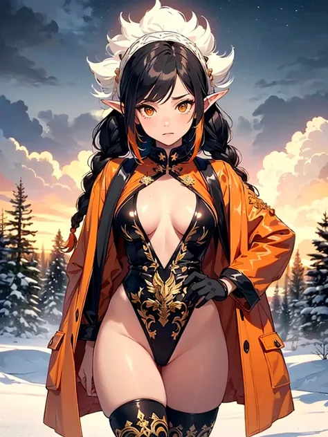 cute  elf,(((little ,tiny little body,little))),(((6 years old))),((anime elf  with extremely cute and beautiful orange hair)), (((elf))), (((elf ears))),

(((flat chest))),((((black hair:1.35,messy orange hair,long hair,huge braids,colored inner hair,ear ...