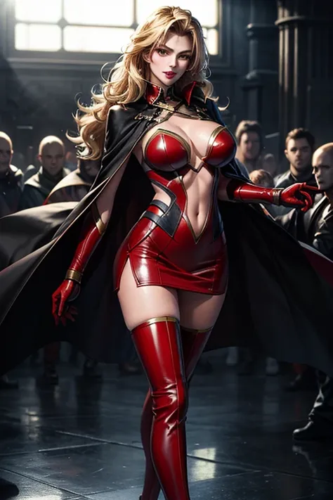 1girl,Alicia Viewsrtream,red lips,red impossible clothes,red elbow gloves,red thigh boots,cape,incredibly absurdres,Volumetric Lighting,moody lighting,thighs,realistic,reality,hetero,smug,fighting_stance,