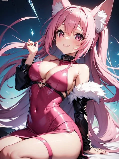 Happy , with wolf ears and pink hair, holding her cheeks, wolf tail, wearing a latex dress, looking at veiwer, full body, you can see her chest, naked breasts