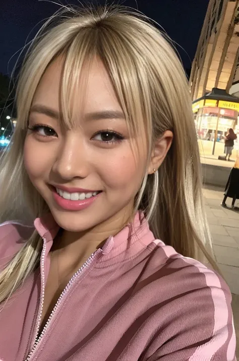 gyaru, dark-skinned, shiny oiled skin, blond hair, wearing　pink tracksuits,  close up shot, smiling, in the night park