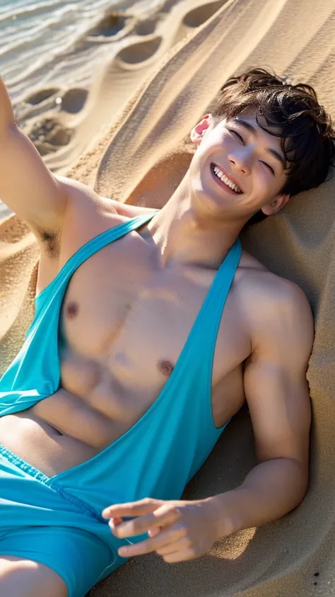 male　Age 21 swimwear smiling lying on the beach