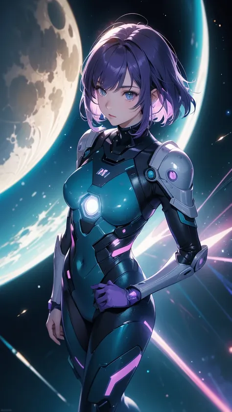 masterpiece, best quality, anime girl in tight hightech cyberpunk space suit, few armor parts in shoulder, arms, legs, no helmet, short purple hair, teal eyes, medium , view from above, space full of stars, planet, moon, and other space effects background,...