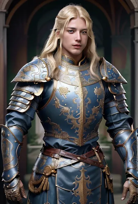 Blonde２０Male in his early twenties, Muscular body、Big eyes、Blue Eyes、Accurate anatomy、Without helmet, Renaissance soldier, Portraiture, 天国 身元不明のルネサンス兵士の神秘的で幻想的なPortraiture, No helmet. Heavens are high, This image evokes a sense of curiosity and wonder.. De...