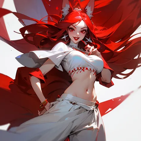 White woman with long red hair, red eyes, fox ears and tail red, long nails, protruding canine teeth, red lipstick, several silver accessories, long and wide white pants, several necklaces covering her chest, no shirt, tribal style, Semi realistic illustra...